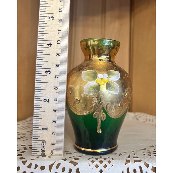 Antique Hand-Painted Bohemian Green Gold Moser Small Glass Vase Floral Motif - Picture 2 of 8